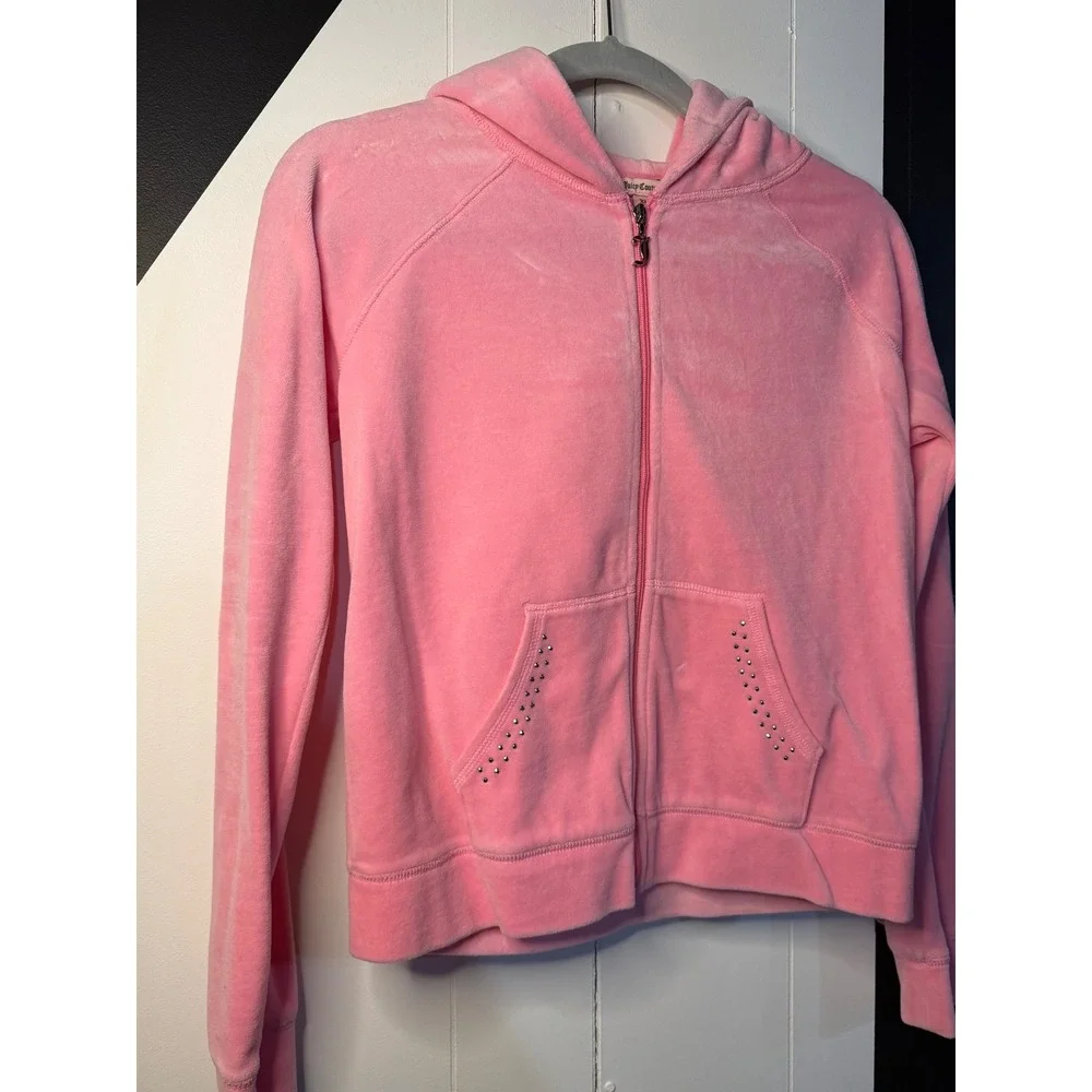VTG Juicy Couture Hoodie Pink Velour Rhinestone Crest Zip Up Chic Girl XL 16 Y2K
